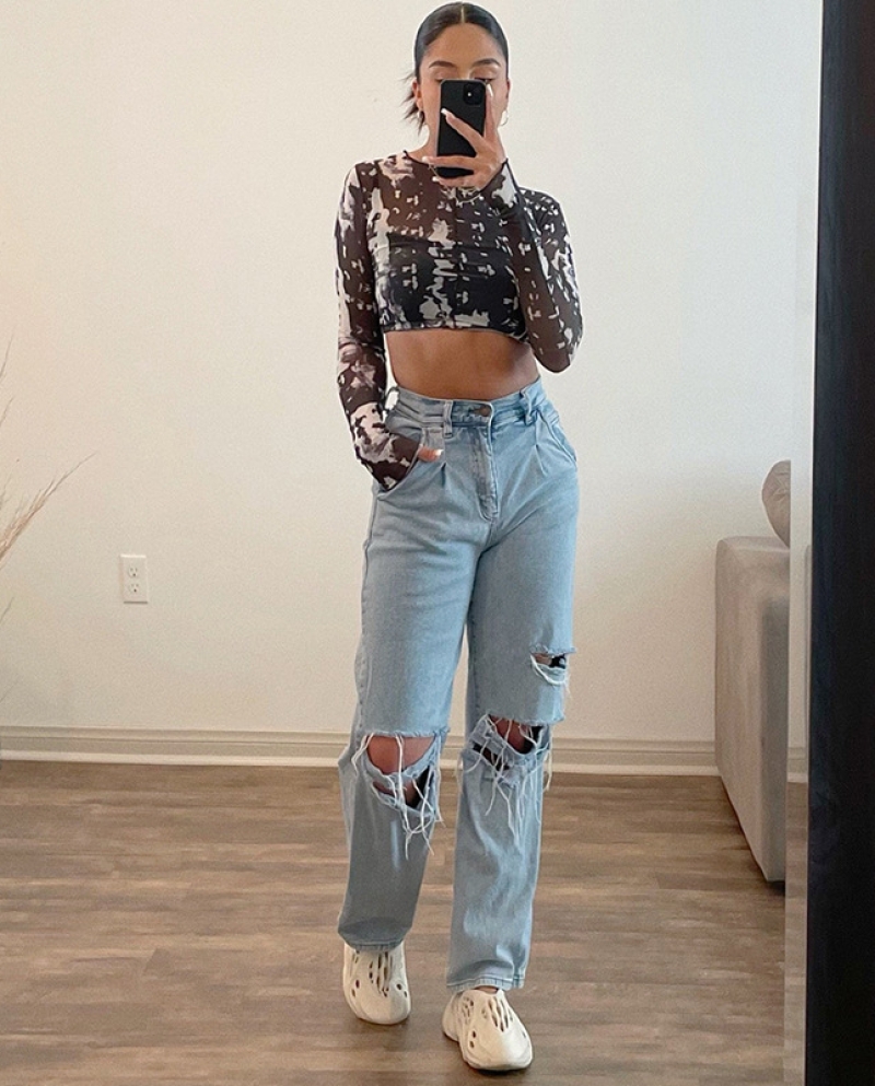 Factory Direct Sales  And  Ripped Jeans For Women Street Trendy High-waisted Wide-leg Denim Long Pants