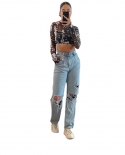 Factory Direct Sales  And  Ripped Jeans For Women Street Trendy High-waisted Wide-leg Denim Long Pants