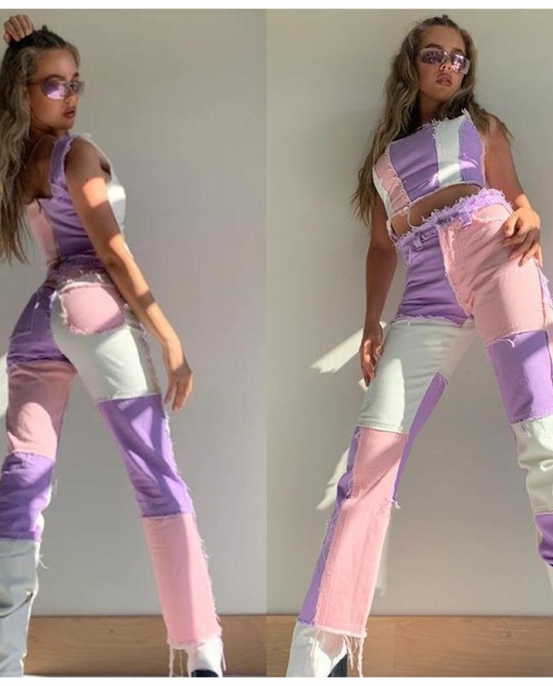 Factory Direct Sales  And  Trend Mixed Color Splicing High Waist Hip Lift Straight Jeans Contrasting Color Casual Trouse