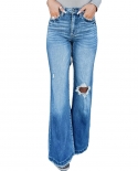Exclusively For Autumn New  And  Women's Jeans With Temperament And Commuting Blue Washed Ripped And Flared Pants