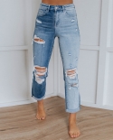 Factory Direct Sales  And  Ripped Women's Jeans Washed Contrasting Color Stitching Trendy Straight Jeans For Women
