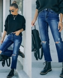 Factory Direct Sales,   Wholesale, Women's Ripped Jeans, Slimming, High-waisted Cigarette Pants, Straight Long Style
