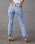  And  2024 New   Stretch Straight Jeans Women's Temperament Commuting Ripped Washed Trousers