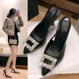 Women's  2024 Summer New Square Buckle Rhinestone Pointed Toe High Heel Sandals One Strap Wrap Around Cool Shoes