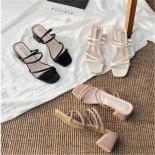 Women Sandals Ladies Square Heels Elegant Summer Slippers Outside Cross Tied Leather Female Slides 2023 Fashion Woman Sa