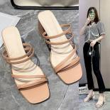 Women Sandals Ladies Square Heels Elegant Summer Slippers Outside Cross Tied Leather Female Slides 2023 Fashion Woman Sa