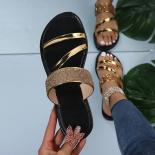 2024 Summer New Women's Fashion Gold Silver Patent Leather Flat Heel Sandals Bling Rhinestone Narrow Band Beach Casual S