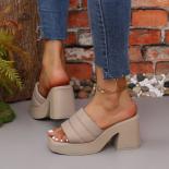 2024 New Women's Thick Sole Thick Heel Square Head Slippers Women's Summer Outwear High Heel Stripe Sandals
