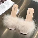 Mules Sandal Women Summer Outdoor Fashion Slippers Square Toe High Heels Office Ladies Feather Slides Chic Classics Furr