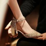 Luxury Gold Silver Sequins High Heels Pumps Women  Pointed Toe Ankle Straps Wedding Shoes Woman Thick Heeled Party Shoes