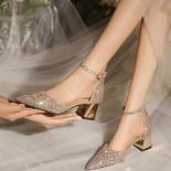 Luxury Gold Silver Sequins High Heels Pumps Women  Pointed Toe Ankle Straps Wedding Shoes Woman Thick Heeled Party Shoes