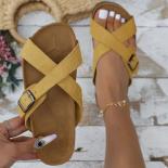 Women's  Shoes 2024 New Open Toe Cross Strap Retro Cork Thick Bottom Women Slippers Summer Outer Flat Ladies Slippers