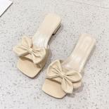 New Summer Slippers Low Heels Slides Female Peep Toe Square Heel Bow Sandals Women Big Flip Flops  Flip Flops