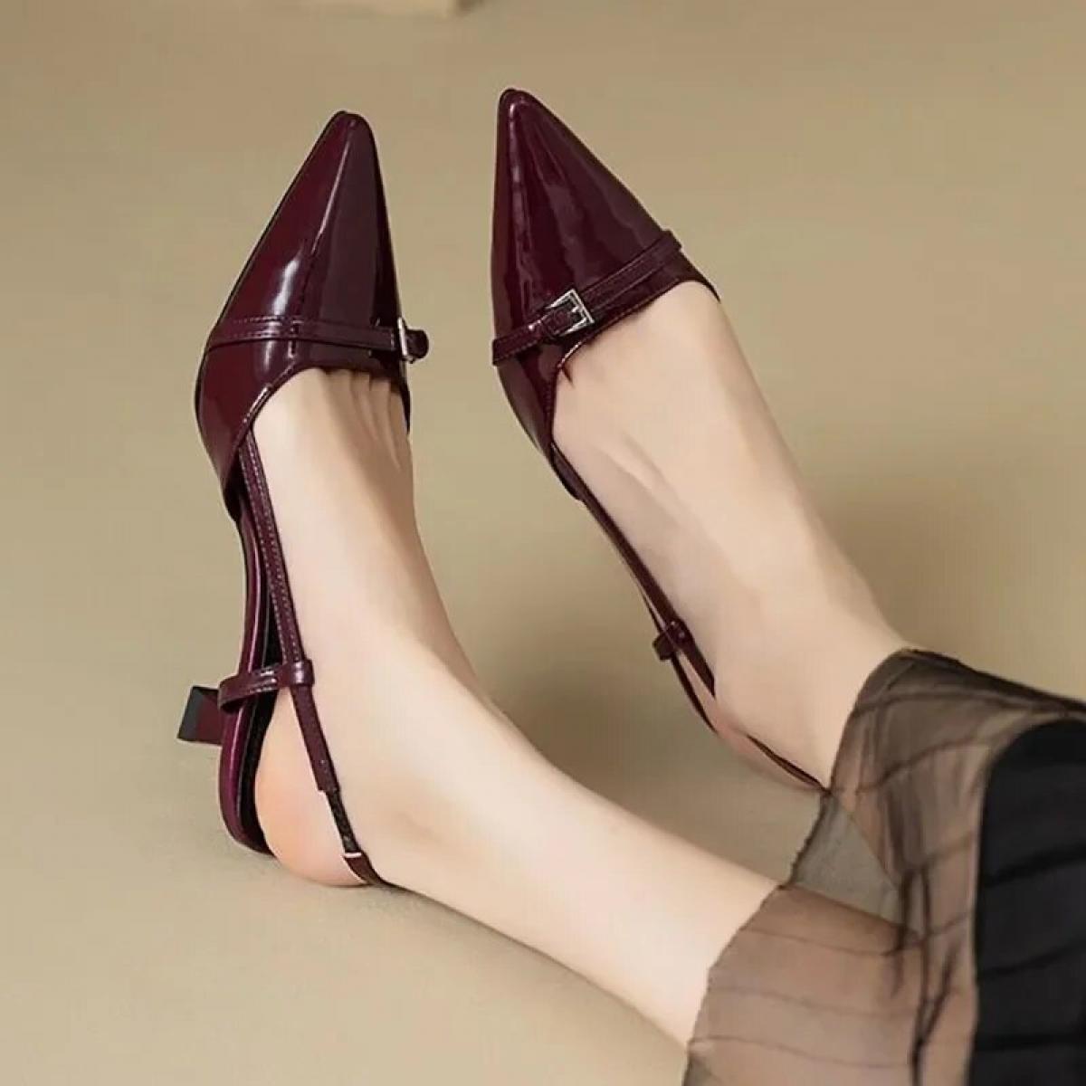 New Summer Women's Dress Shoes Pointed Toe Sandals Buckle Slingbacks Mid Heels Pumps Patent Leather Slip On
