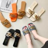 New Fashion Women's Slippers Square Toe Chain Slippers Flat Slide Sandals Beach Flip Flops Metal Decoration Casual Shoes