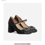 Coarse Woolen High For Women In Spring 2024, New Sequin Thick Heels With A Straight Line And Shallow Cut Mary Jane