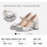 Coarse Woolen High For Women In Spring 2024, New Sequin Thick Heels With A Straight Line And Shallow Cut Mary Jane