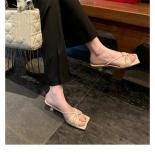 2024 Summers Slippers Women's Fashion Narrow Band Thick Heel Elegant Square Toe Party Dress Slides Women