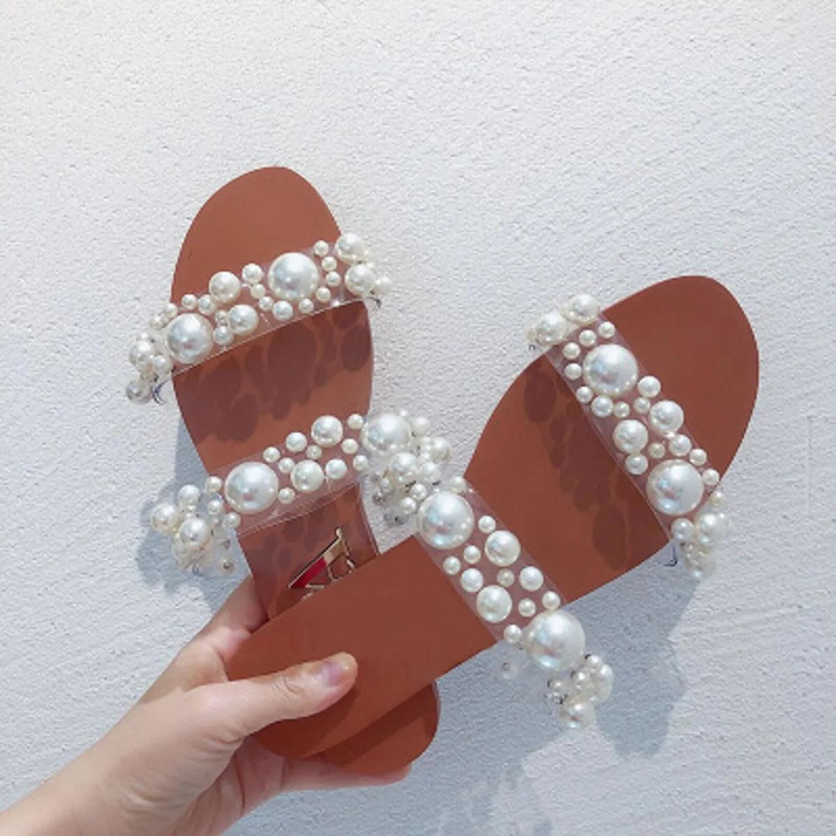 Women Bohemian Pearl Slippers Flat Bottom Sandals Summer Open Toe Ladies Shoes Crystal  Shoes