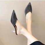 2024 New Mesh Diamond Tipped Half Slippers Women Fashion Women's Shoes Pointed Crystal High Heels Sandals