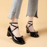 Black Retro Cross Tie Pumps Casual Summer Round Toe Shoes Ladies Sweet Fashion Shoes Woman Bow Design
