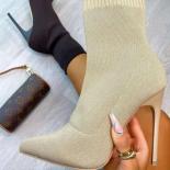 Luxury Women Socks Shoes Stretch Fabric Women Ankle Boots Pointed Toe High Heels Slip On  Sock Heeled Chelsea Boots Size