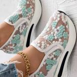 Women's Sneakers Floral Embroidery Mesh Sneakers For Women Slip On Casual Comfy Heeled Shoes Woman