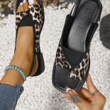 Womens Sandals New Summer Casual Vintage Open Toe Flip Flops Fashion Beach Flat Basic Square Head Leopard Pattern Design