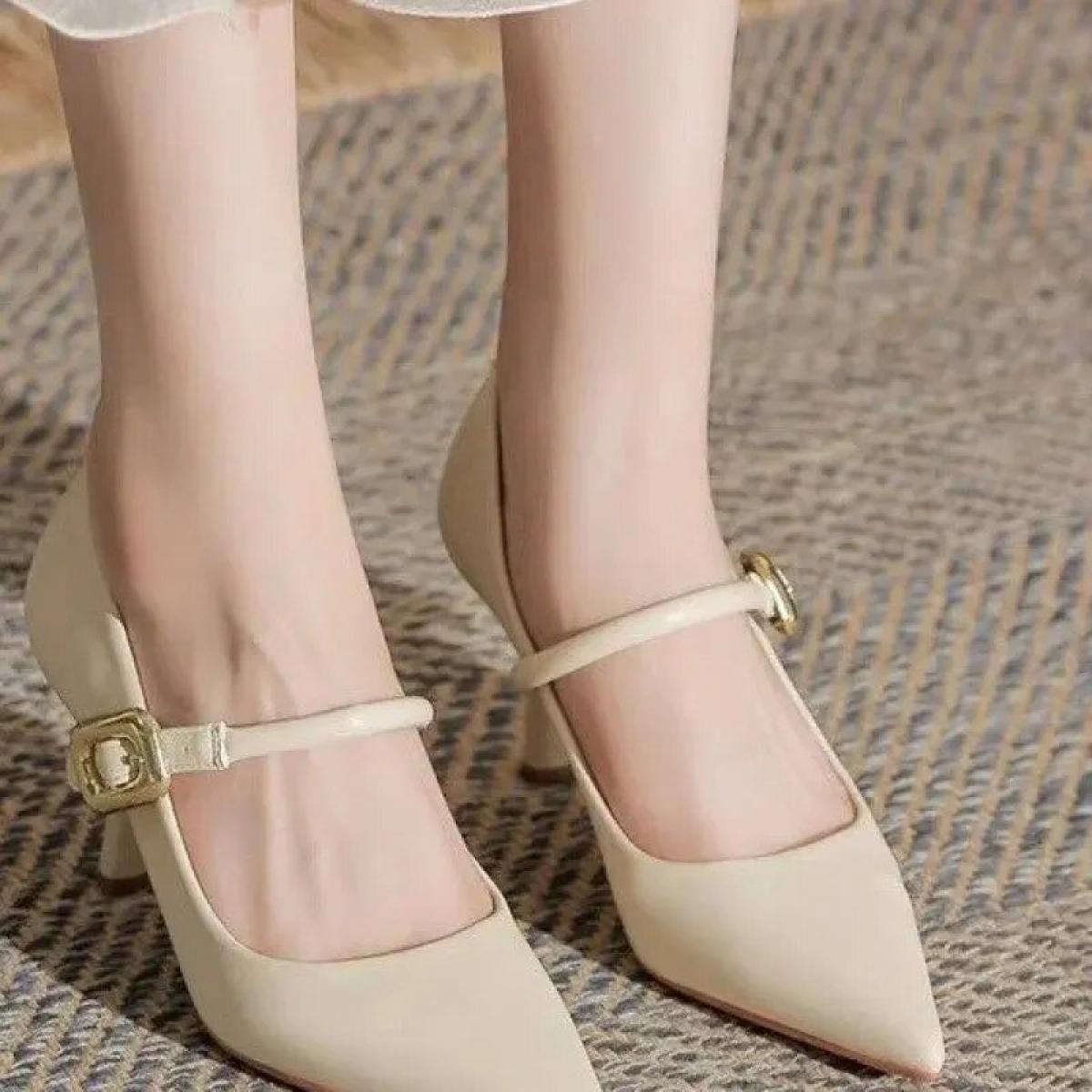 Pointed Toe Women High Heels Shallow Slip On Belt Buckle Thin Mid Heels New Arrivals Dress Work Pumps Size 35 40 Fashion