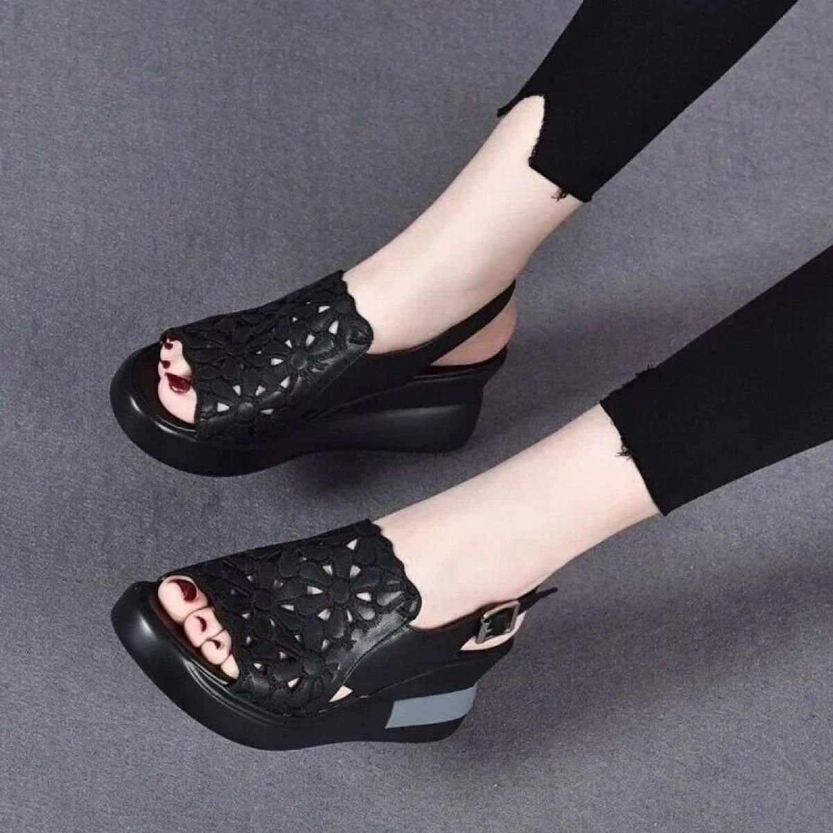Summer Wedge Shoes For Women Sandals Open Toe Platform Hollow Flowers Retro Lady High Heel Buckle Strap Casual Female Sa