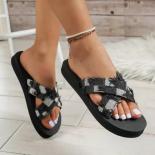 2024 New Slippers Women's Plus Size Cross Strap Denim Plaid  And  Leisure Outer Wear Beach Slippers