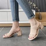 Women Sandals Ladies Square Heels Elegant Summer Slippers Outside Cross Tied Leather Female Slides  Fashion Woman Sandal