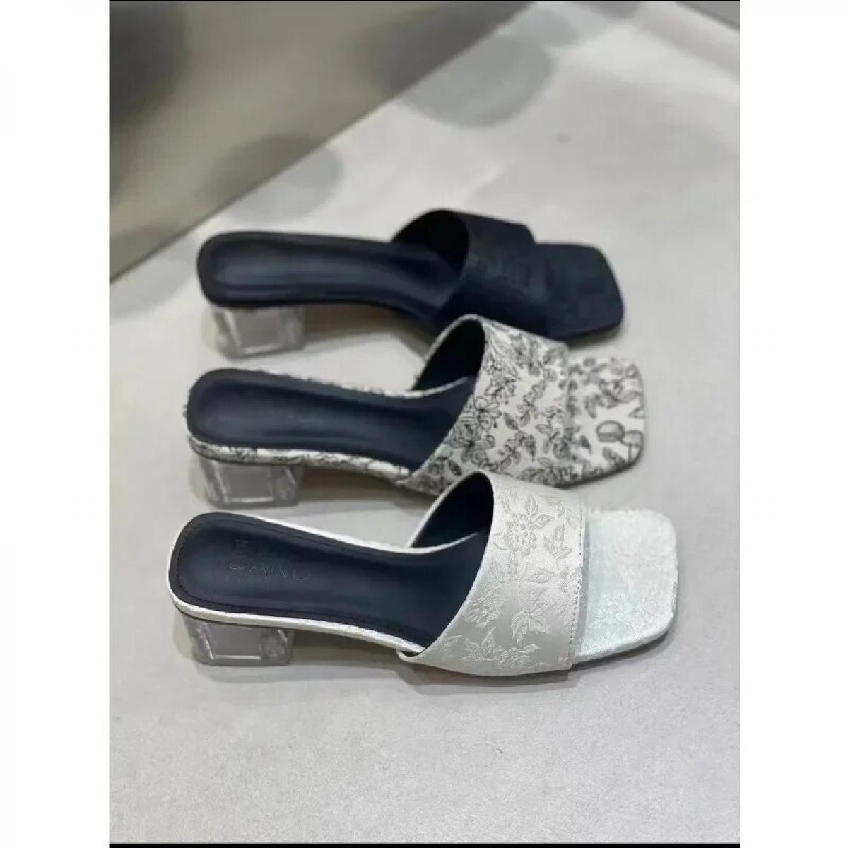 2024 New Summer Slippers Women Fashion Denim Slides Lady  Square Head High Heel Shoes Female Party Work Transparent Heel