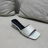 2024 New Summer Slippers Women Fashion Denim Slides Lady  Square Head High Heel Shoes Female Party Work Transparent Heel
