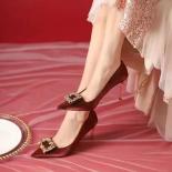 Women Shoes Fashion Rhinestone Square Buckle Bridesmaid Wedding Shoes Solid Flock Pointed Toe Stiletto Pumps French High