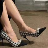 Spring And Autumn New Fine Heels French Thousand Bird Grid High Heels Colored Versatile Pearl Single Shoes For Women