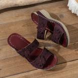 Women Slippers Plus Size Women's Shoes Retro Roman Sandals Women Pu Casual Flower Wedge Sandals Platform Slippers