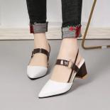 Summer Sandals Women's Pointy Chunky High Heel Casual Shoes Buckle Strap White
