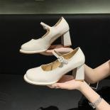 Thick Heels Shoes Women Buckle Strap Square Toe Pumps Woman Med Leather Shoes Female