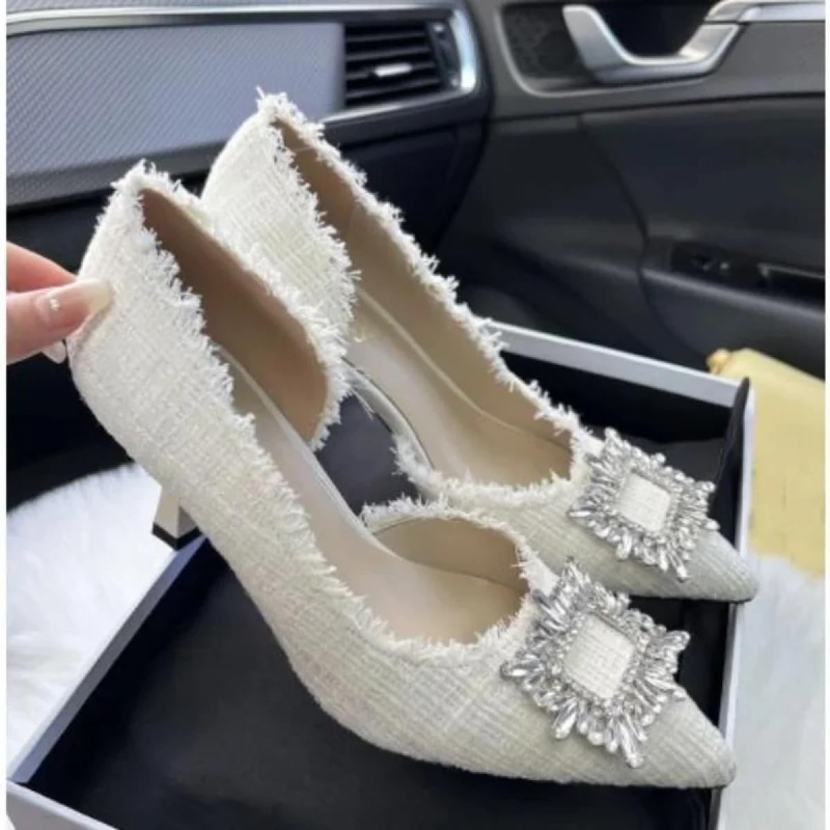 White Design Rhinestones Women Pumps Spring Fashion Pointed Toe Female Shallow High Heel Elegant Women's Work Dress Shoe