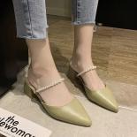 2024 String Bead Belt Shoes Woman Med High Heels Slippers Wedges Sandals Femme  Pointed Toe Loafers Ladies Pearl Slides