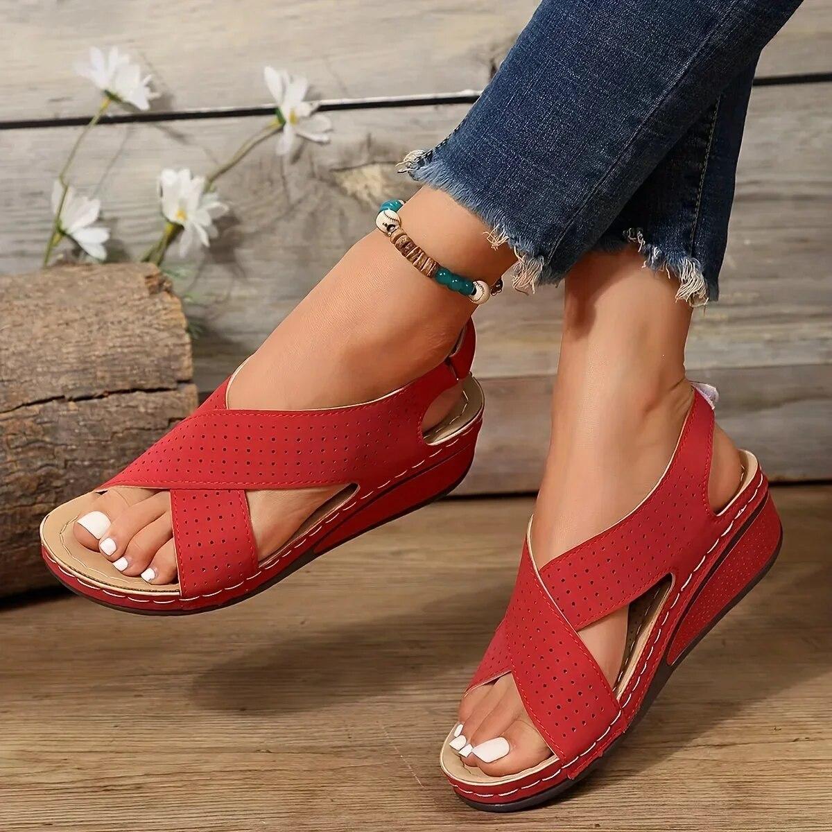 Women Perforated Wedge Sandals Cross Strap Solid Color Hook Loop Shoes Comfy Arch Support Platform Shoes Platform