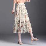 Midi Skirt For Women Summer Mesh Vintage Floral Skirt Fashion Tulle Skirts Gentle Beach Skirt High Waist Woman Skirts  S