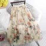 Midi Skirt For Women Summer Mesh Vintage Floral Skirt Fashion Tulle Skirts Gentle Beach Skirt High Waist Woman Skirts  S
