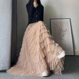 Women Pleated Tutu Long Skirts Ruffles Design Elegant Mesh Tulle Loose Skirts Solid Mesh Patchwork Gauze Streetwear Part