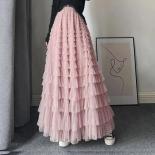 Women Pleated Tutu Long Skirts Ruffles Design Elegant Mesh Tulle Loose Skirts Solid Mesh Patchwork Gauze Streetwear Part