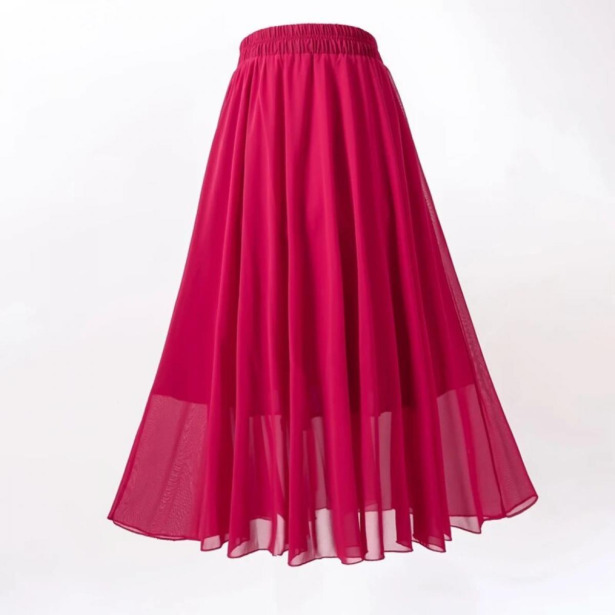 Fashion Women Long Chiffon Skirt Summer Spring A Line Skirts High Elastic Waisted Bohemian Skirt Beach Skirt Party Red S