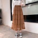 Women Mesh Long Skirt Elegant Versatile Solid Colour Elastic Waist Half Body Skirt Fashion Ruffle Multi Layers A Line Ha
