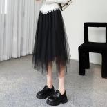 Vintage Tulle Skirt Women Elastic High Waist Mesh Pleated Skirts Elegant  A Line Office Ladies  Asymmetrical Skirt
