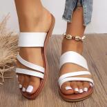 Rimocy 2023 Summer Flat Heel Sandals For Women Casual Plus Size Beach Slippers Woman Pu Leather Strap Slip On Gladiator 